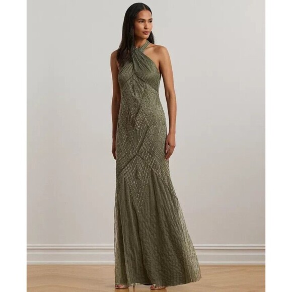 Lauren Ralph Lauren Dresses & Skirts - Lauren Ralph Lauren Women's Beaded Mesh Sleeveless Halter Gown Olive Green 10